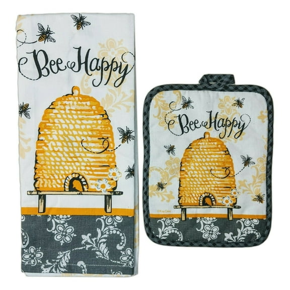 BEE HAPPY Honeybee Beehive Kitchen Tea Towel & Potholder Set, by Kay Dee
