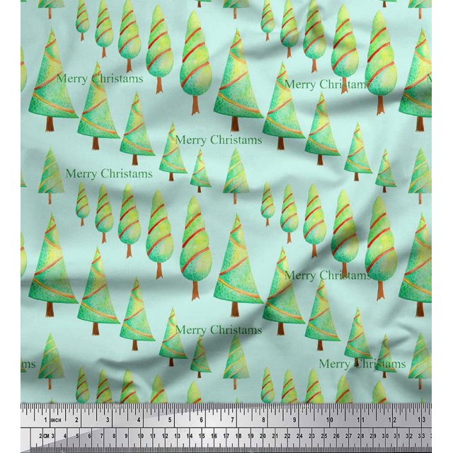 Soimoi Green Moss Georgette Fabric Text & Christmas Tree Print Fabric by the Yard 42 Inch Wide