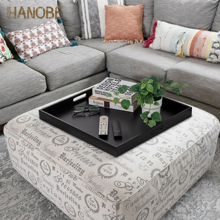 Hanobe Square Large Ottoman Tray Modern Extra Large Black Serving Decorative  Trays with Cutout Handles for Living Room Coffee Table Home, 20 