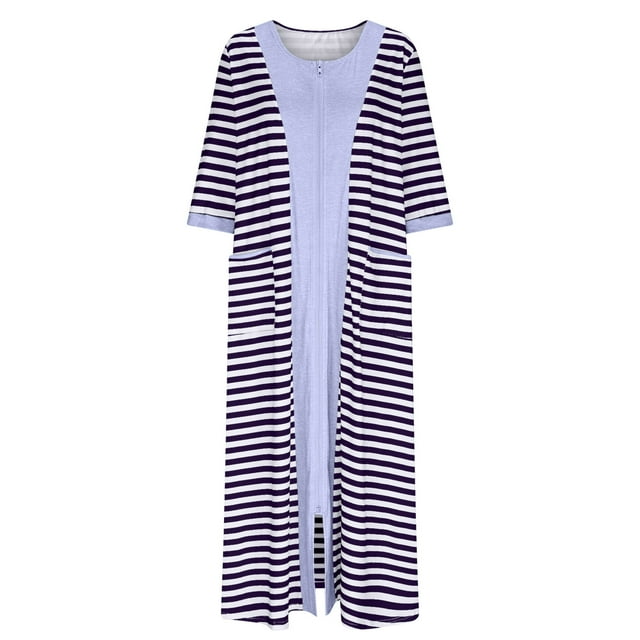 HUJlwoi Chemise de Nuit Imprimée pour Femmes Rayée Longue Robe de Bain Zippée Robe Décontractée Chemise de Nuit Manches 3/4 avec Poches