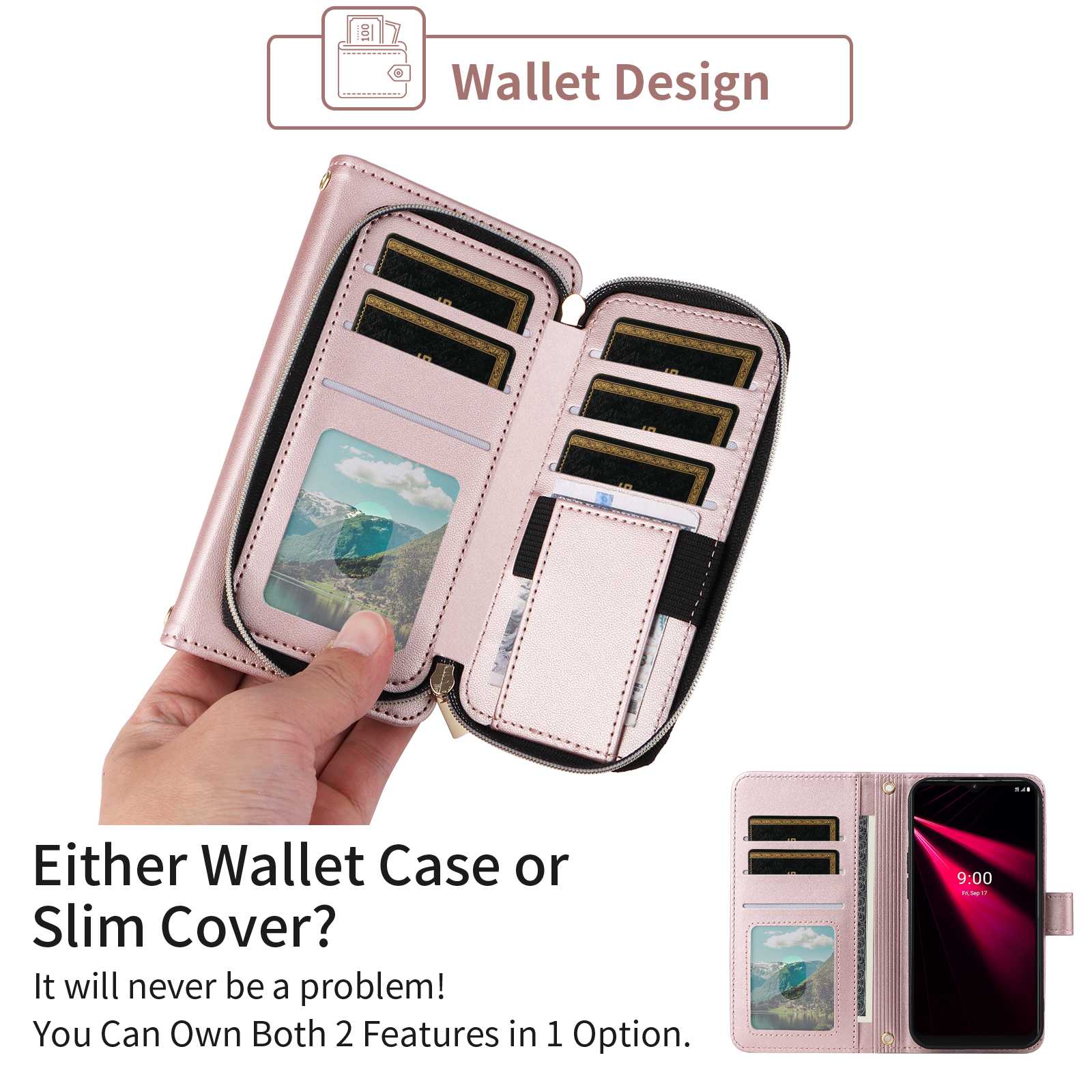 Furiet Argyle Wallet Case for T-Mobile Revvl V 4G with Wrist/Shoulder Strap, Card Slots Flip Zipper Purse Stand Cell Phone Cover for Tmobile T Mobile TMRVL4G LTE 2021 6.52" Women Girls Rose Gold