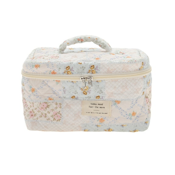 Unique Bargains 1 Pc Floral Handheld Quilting Makeup Bag White Blue Cotton Fabric