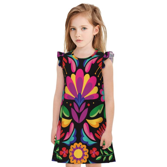 Fotbe Colorful Floral Embroidery Mexican Vestido de Dormir para Niñas de 3 a 10 Años, Mangas Cortas, Estilo Princesa, Pijama Camisón con Mangas Voladas-X-Large