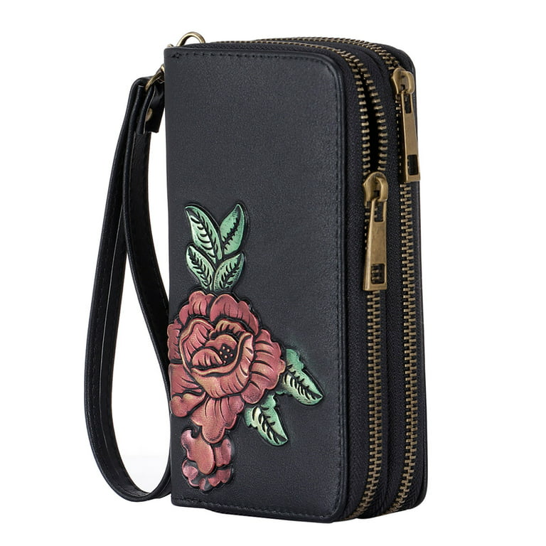 HAWEE Cellphone Wallet Dual Zipper Wristlet Purse with Card Slot/ Coin Pouch  Compatible with iPhone/Samsung for Women or Lady, Embosing Peony 