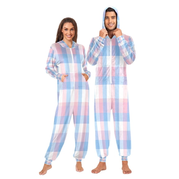 1-Pack Onesie Adult Hooded Pajamas, Soft Fleece Full Zip One Piece Pajamas for Couples, Christmas Holiday Loungewear, S-XL Blue and Pink Phone Wallpaper