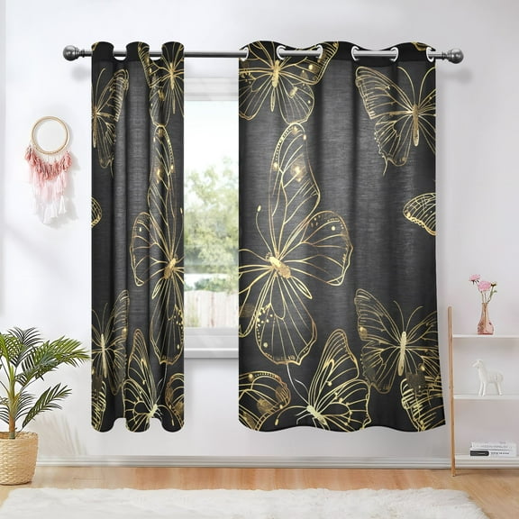 Butterflies Golden Blackout Curtains Thermal Insulation 63 inch Grommet for Bedroom Living Room Bathroom Kitchen Windows 2 Pack