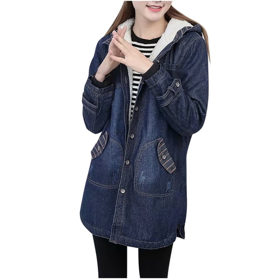 Dasayo Coat for Women Denim Long Fleece Lined Blue Outdoor Buttons Hooded Jacket Women Jacket L