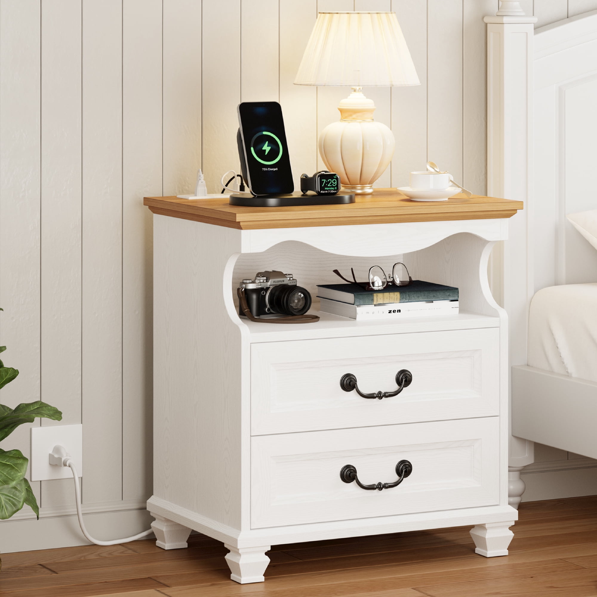 LIKIMIO Farmhouse 2 Drawers Nightstand with Charging Station, LED  Lights，Wood Modern Beside Tables for Bedroom and Living Room, White