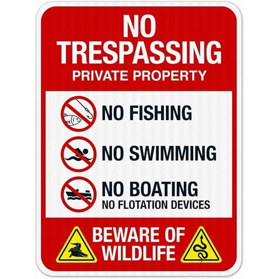 No Trespassing Private Property No Fishing No Swimming No Boating Beware of Wildlife Sign, 8x12 Inches