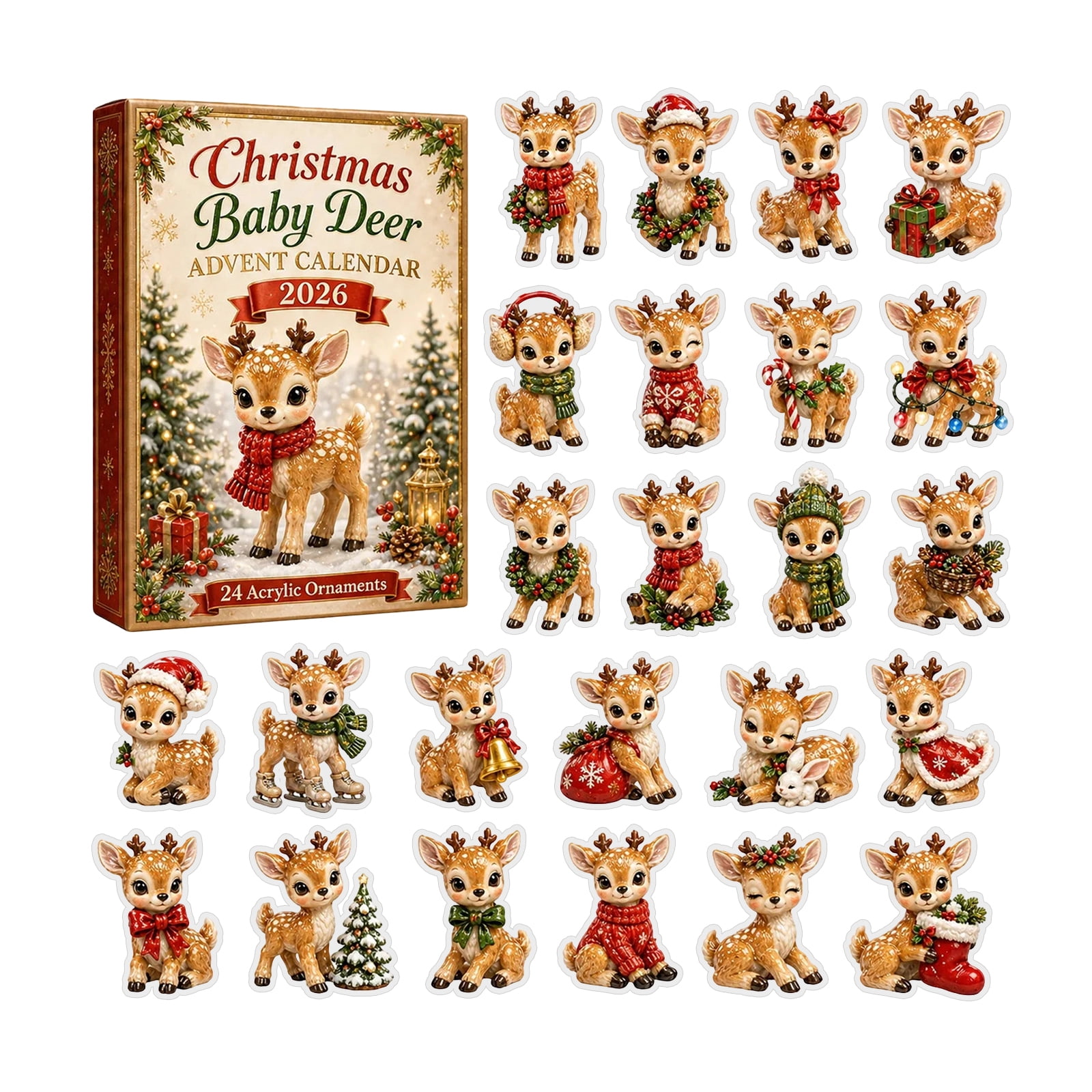 2026 Christmas Baby Deer Advent Calendar, 24 Days Xmas Countdown Calendar Cute Fawn 2D Acrylic Ornaments, Surprise Gift Box Stocking Stuffer for Kids Boys Girls Teens