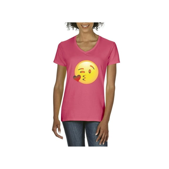MmF - Women's T-Shirt V-Neck Short Sleeve, up to Women Size 3XL - Emoji Winky Face