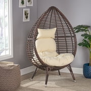 GDF Studio Ruweyda Outdoor Wicker Teardrop Basket Chair with Cushion, Multibrown and Beige