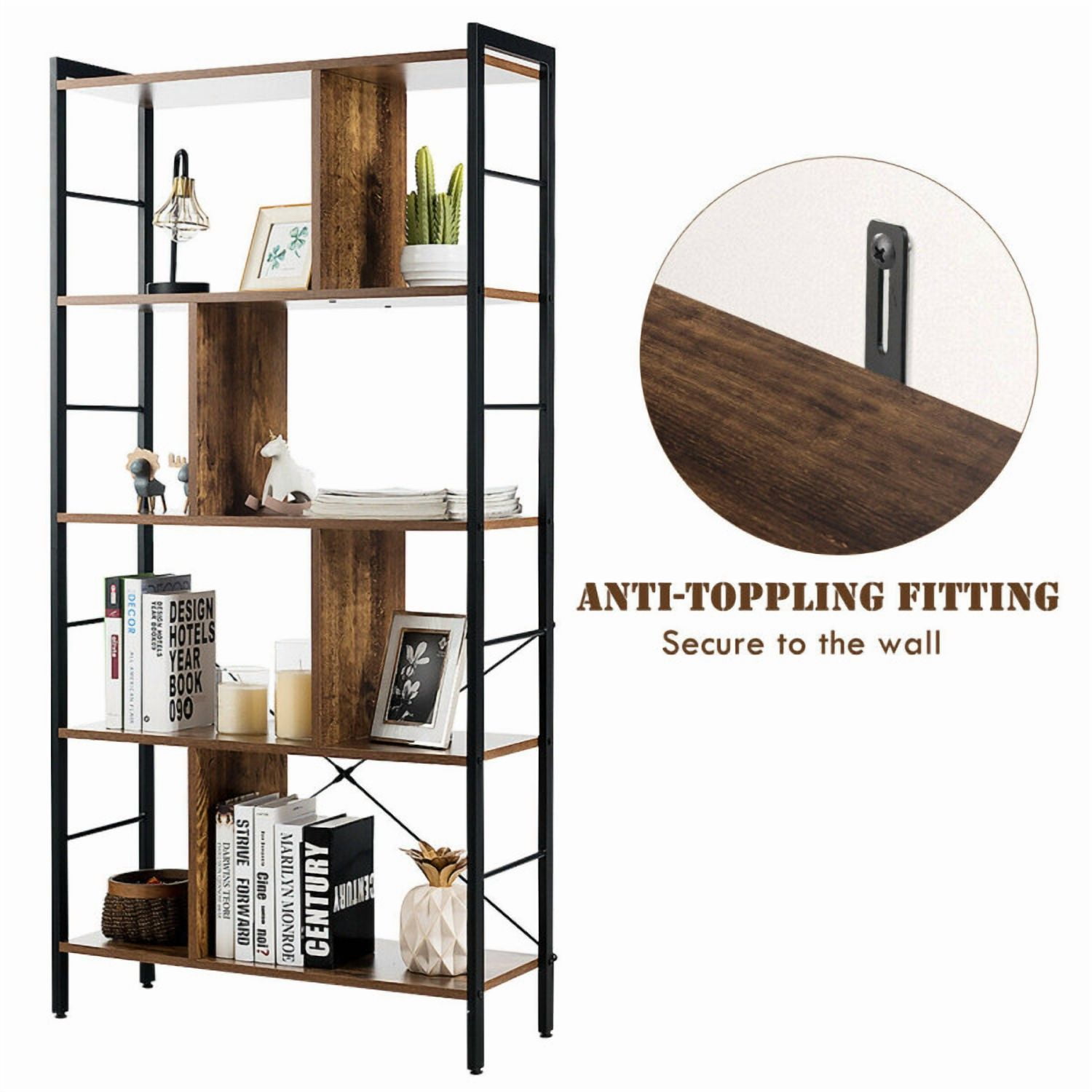 Demi Bonn 4-Tierdustrial Freestanding Bookshelf with Metal Frame, Display Rack for Plants and Books, Brown
