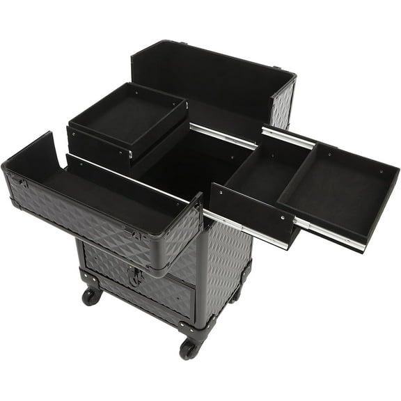 Rolling Makeup Train Case, Professional Aluminum Cosmetic Trolley Cases Nail Polish Storage Case w/Drawer&4 Wheel, Portable Nail Salon Makeup Trolley Case for Make-up Artists, Manicurist,Black
