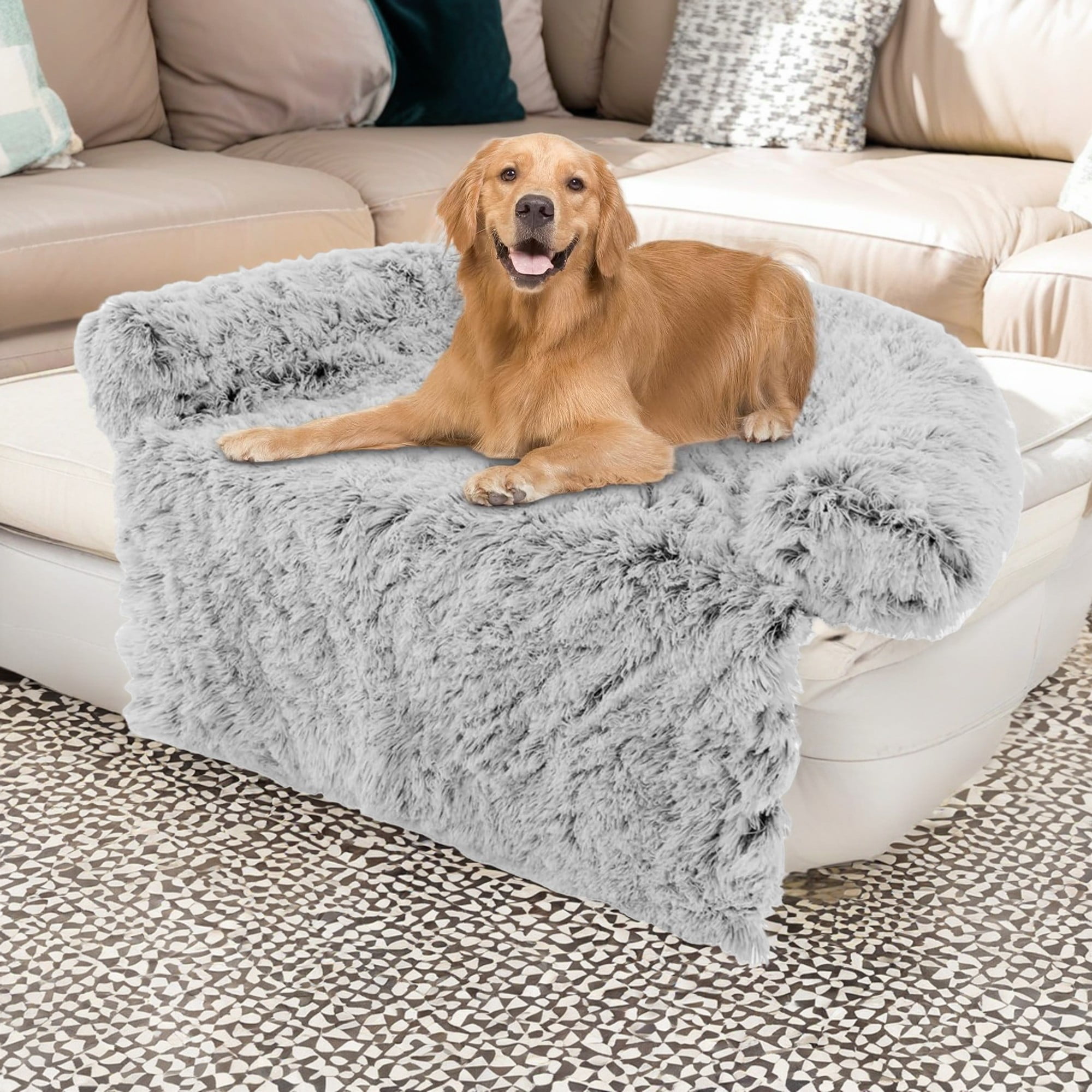 resenkos 40" Plush Long Fur Dog Couch Bed, Dog Bed Mats with Anti-Slip Bottom, Washable Removable Couch Cover, Perfect for Small Dogs Cats, Gray-S