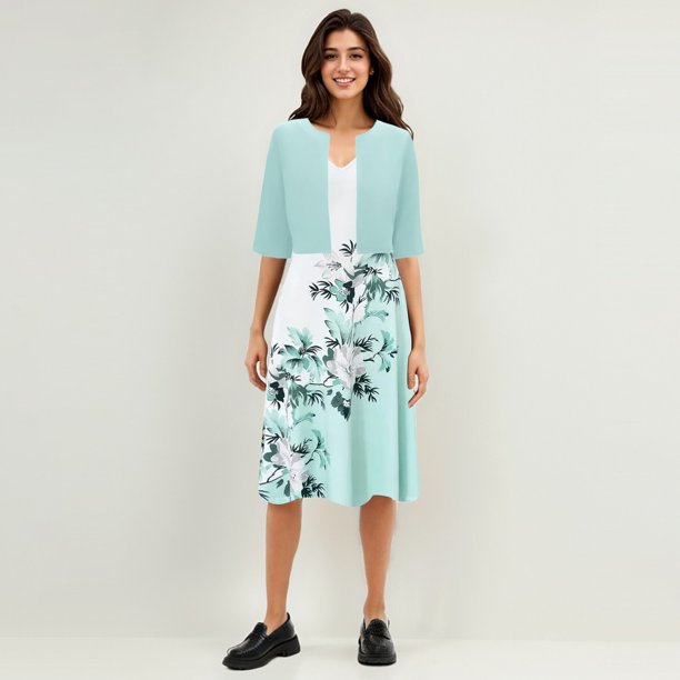 WILLBEST Vestidos Floreados para Mujer Vestido sin Mangas con Estampado Floral y Top de Manga Corta para Mujer Conjunto Informal de Dos Piezas de Corte Regular de Verano 不定位印花 Extra Grande