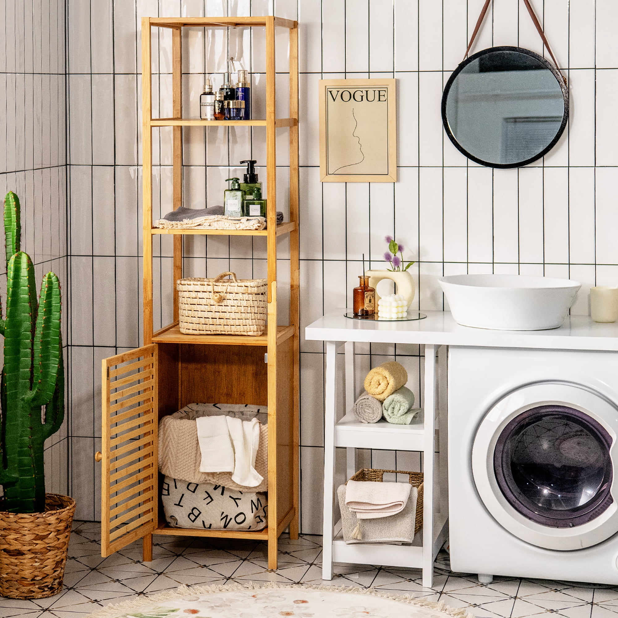 Costway 4 Tiers Bamboo Bathroom Storage Floor Cabinet Tower Corner Rack w/ Louvered Door