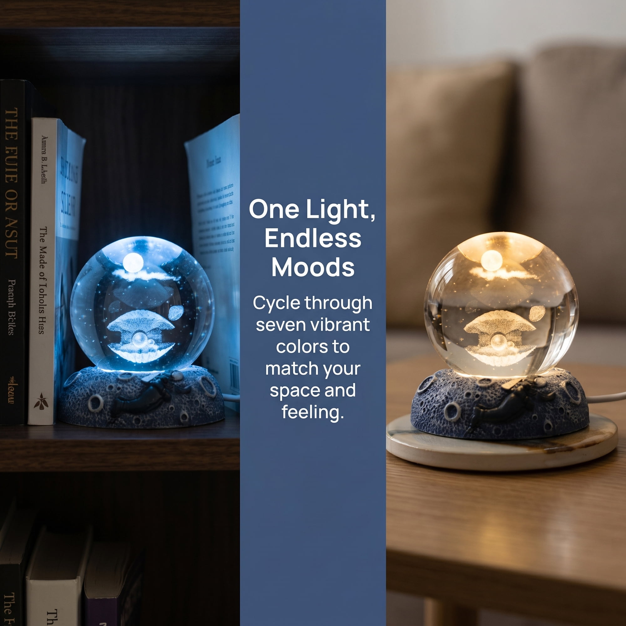 Unique Bargains Glowing Crystal Ball Figurine 3D Glass Ornament with LED Light Base Beige Style G 2.4"x2.4"x3.1"