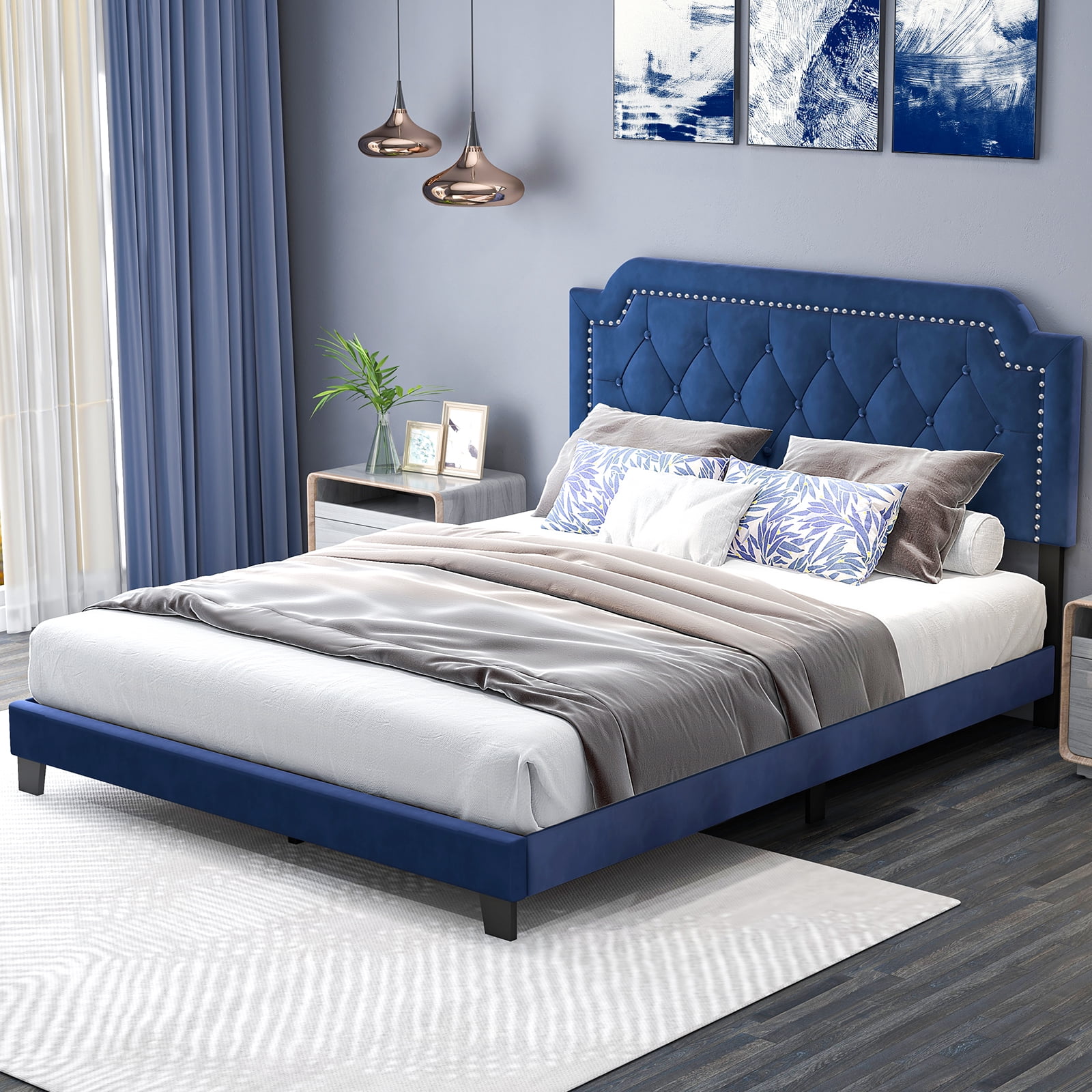 Furnibear Queen Size Bed Frame Velvet Upholstered Platform Bed Frame with Nailhead Trim Button Tufted Headboard for Bedroom, Blue