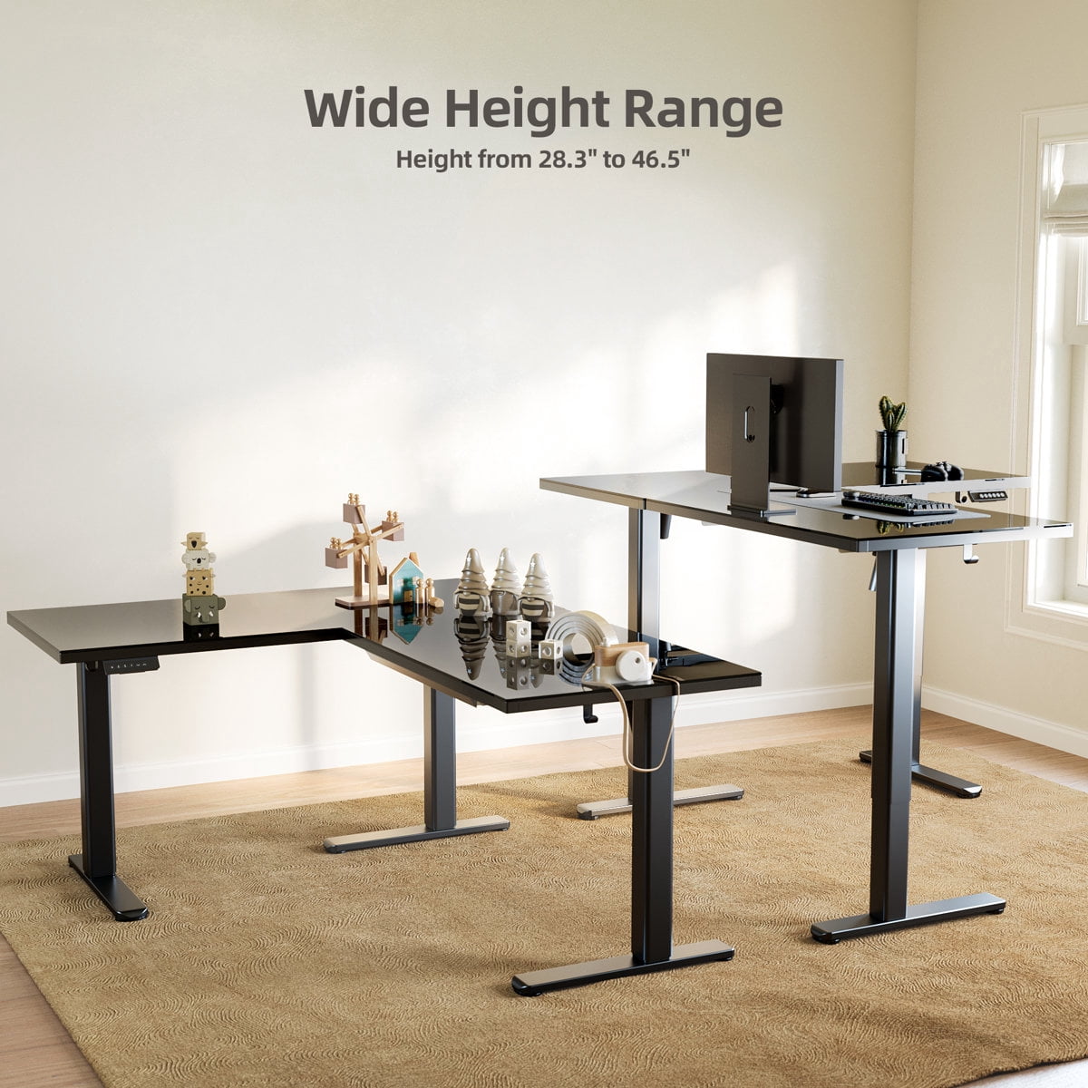 Innovar 63" Dual Motor L-Shaped Standing Desk,Wireless Charging Adjustable Height Glass Standing Desk, Electric Sit to Stand up Tempered Glass Top Desk W/ Memory Presets for Office Home Black