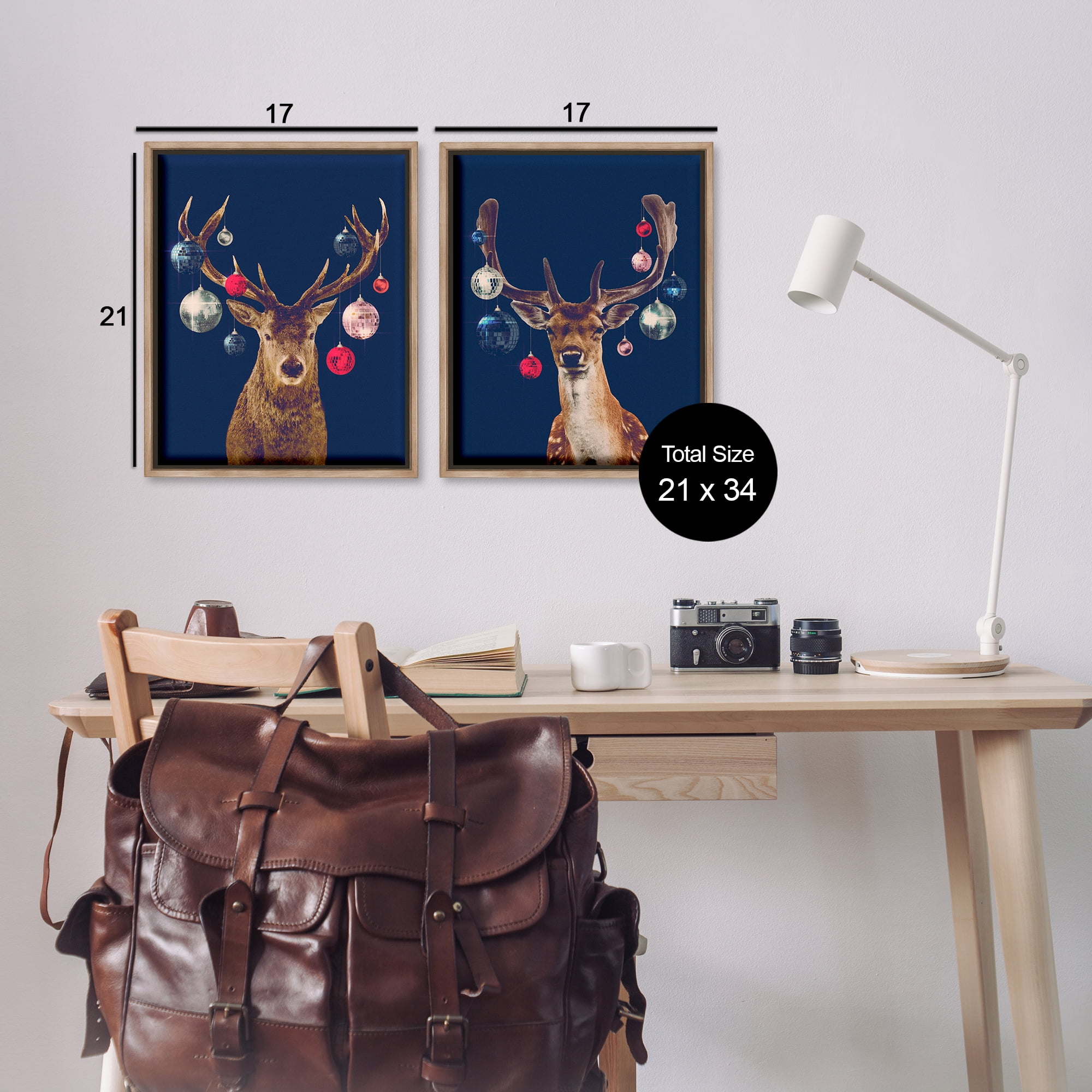 Stupell Industries Navy Brown Disco Deer Holiday Painting Brown Floater Framed Canvas Art Print Wall Art, 17 x 21, Set of 2