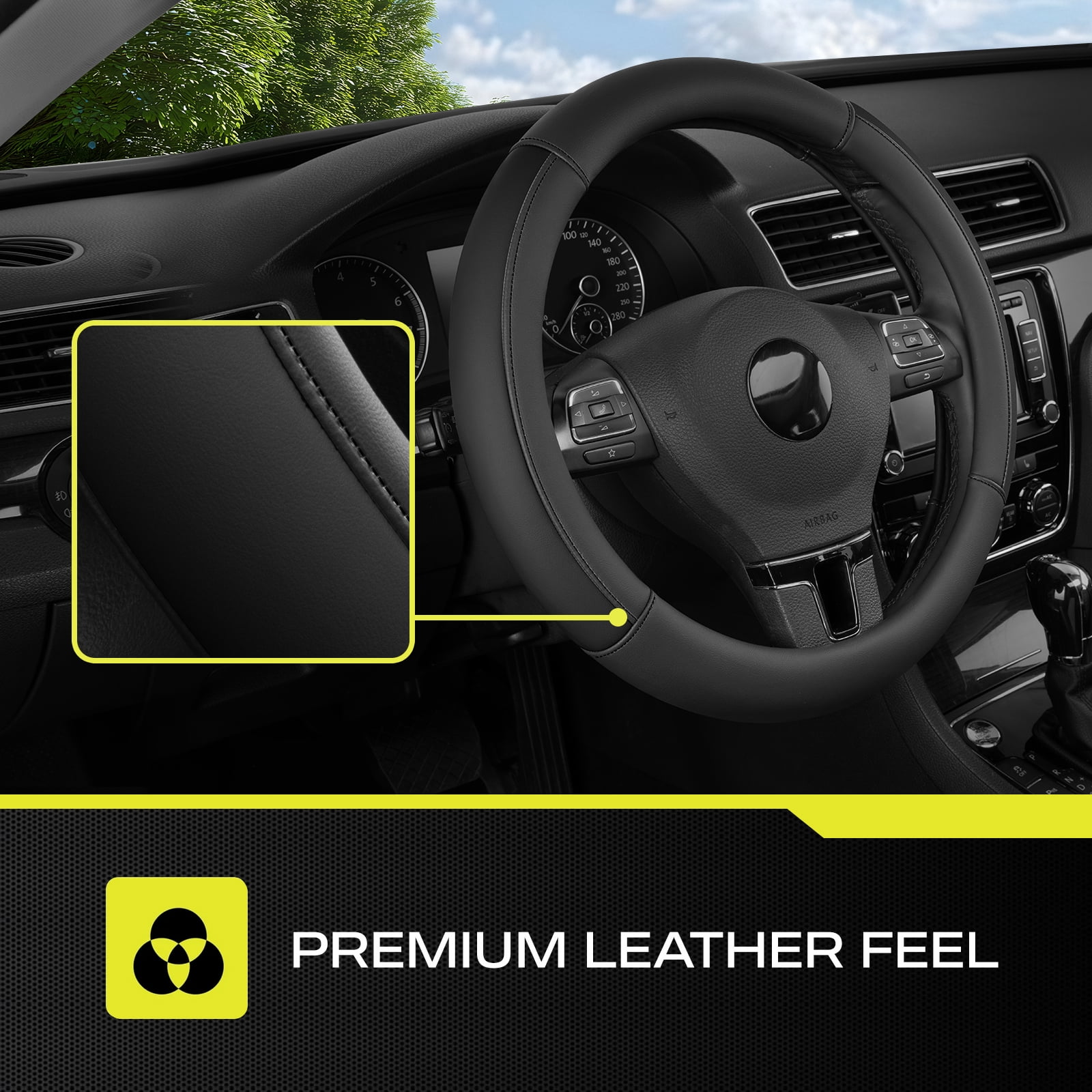 Auto Drive Steering Wheel Cover, Two-Tone Leather Steering Wheel Cover, Non-Slip Car Steering Wheel Cover Protector, Universal Fit for Cars SUV Truck, Fits 14.5"–15",Black