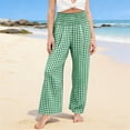 thumbnail image 2 of Girls Plaid Cotton Linen Pants High Waist Lounge Pant Y2K Casual Wide Leg Trousers with Pockets Green 140, 2 of 6