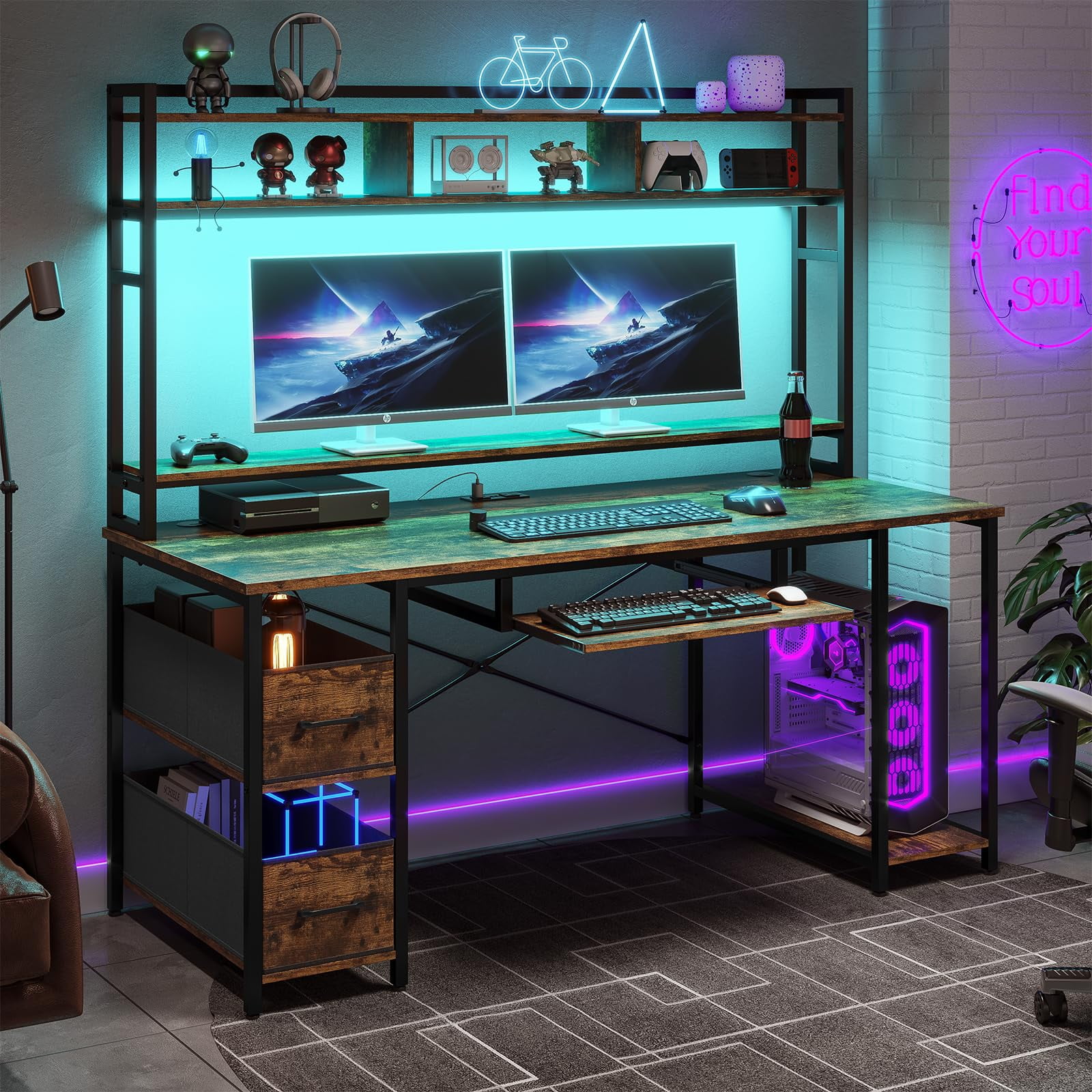 SEDETA Gaming Desk, 55 Computer Desk with Hutch and Shelves, Gaming Desk  with LED Lights, Pegboard & Monitor Shelf, Large PC Gamer Desk Workstation  for Home Office, Gaming Table for Bedroom, Black