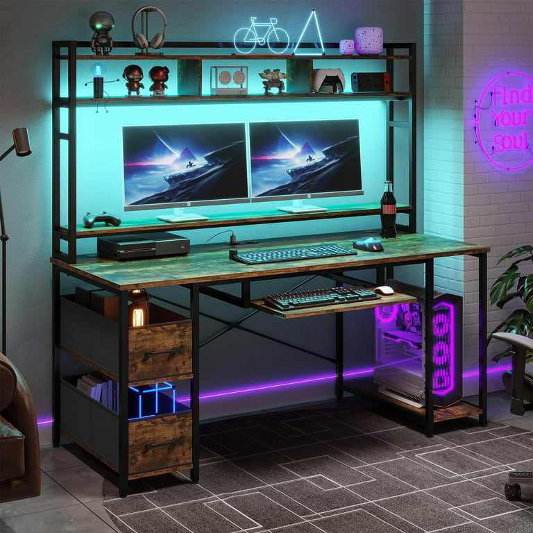 SEDETA 945 Home Office Desks, Computer Gaming Desk with Storage, LED Lights, Power Strip with USB, Keyboard Tray & Monitor Stand
