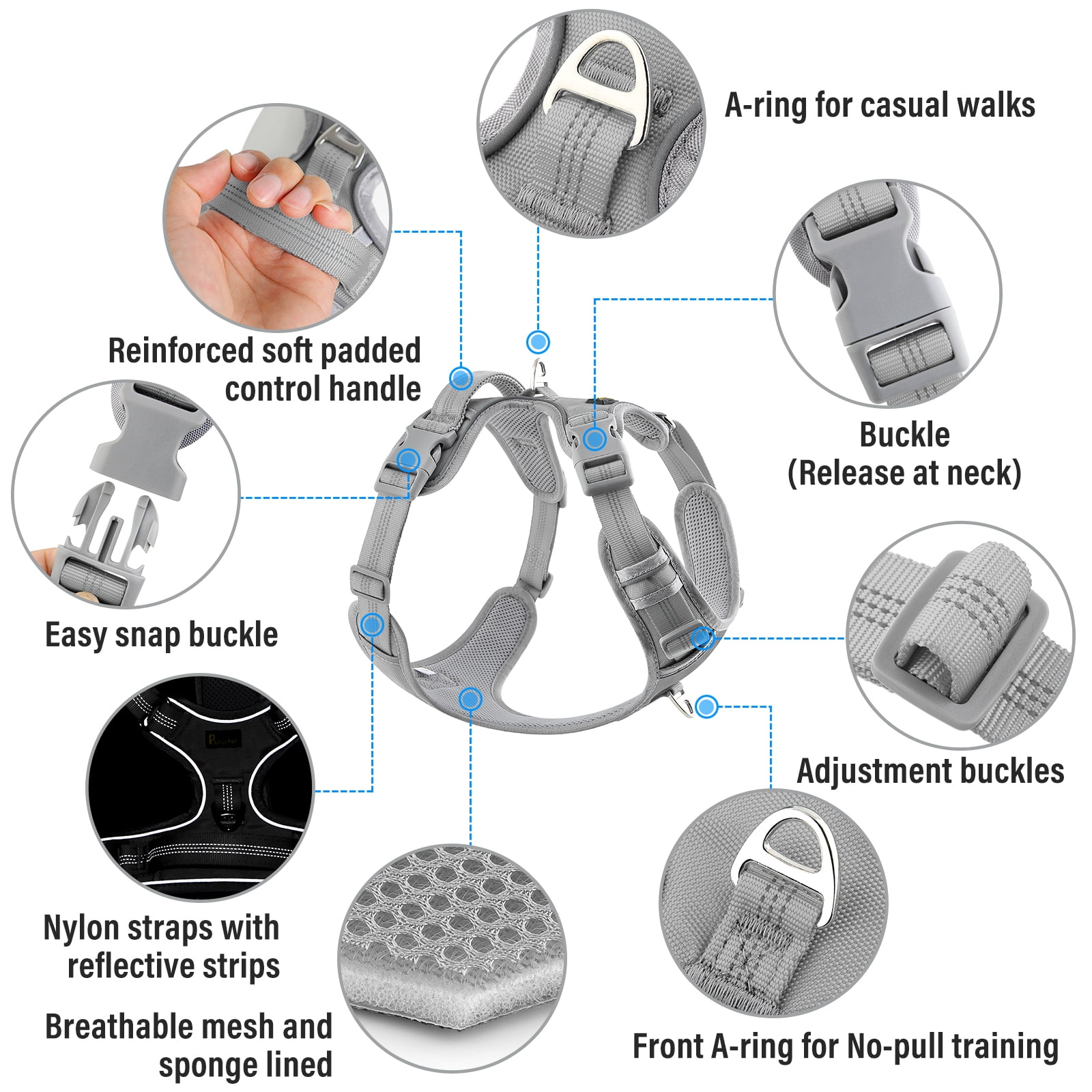 Plutus Pet No Pull Dog Harness, Release At Neck, Reflective Adjustable Dog Vest Harness, Easy Control Handle for Walking, for Small Medium Large Dogs, Gray, S