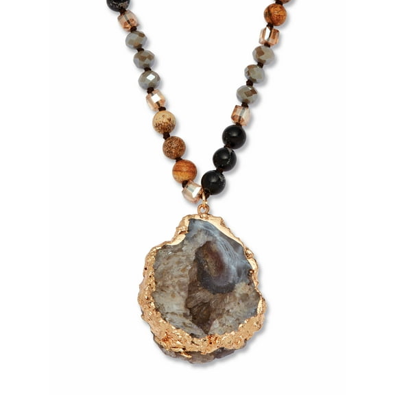 PalmBeach Jewelry Hammered Genuine Brown Agate and Round Multi-color Jasper Goldtone Drop Necklace, 32 inches