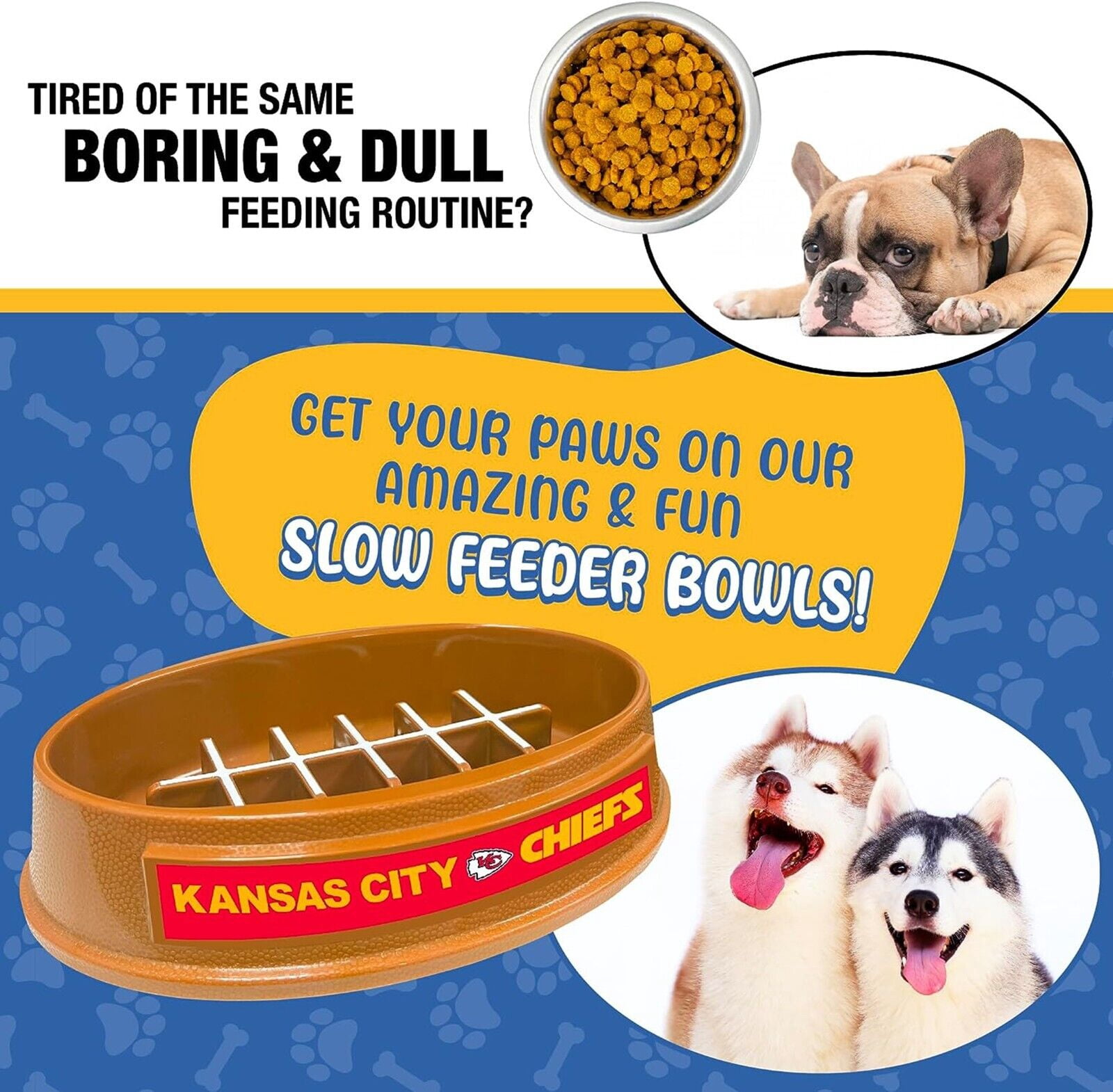Pets First NFL Kansas City Chiefs Super-Bowl Slow Feeder Bowl for Dogs and Cats, Football Design for Healthy Digestion, Non-Slip, for Large & Small Pet