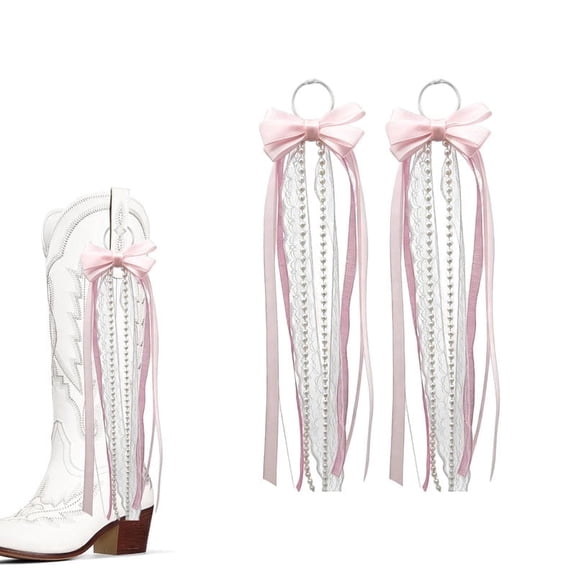 Pink Ribbon Western Boot Bows for Cowboy Boots, Lace Bows for Wedding, Pearl lace trim, Boot Bows for Cowgirl Boots, Great for Holiday, DIY, Wedding, Birthday, An Ideal Choice for Women & Girls
