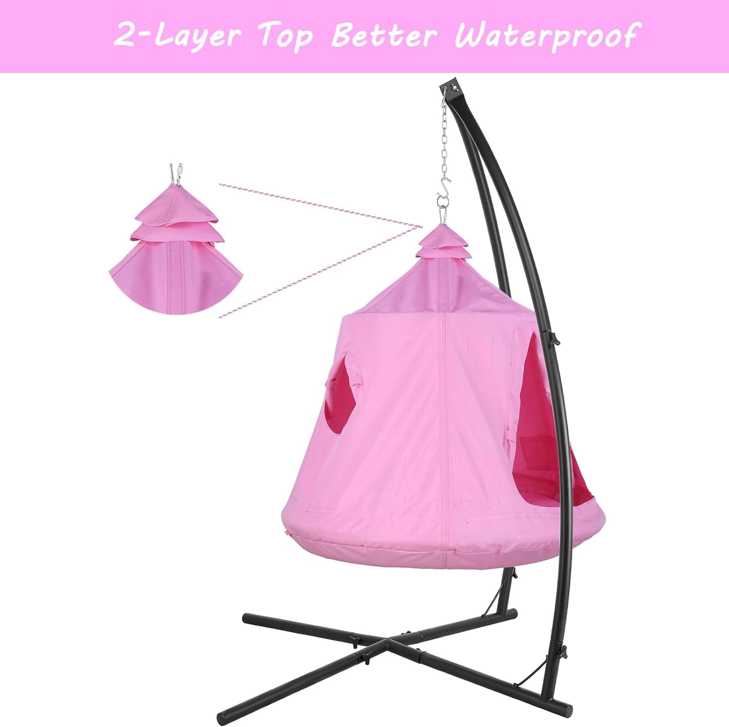 LAZY BUDDY Hammock Chair Set, Hanging Tree Tent w/ Steel Stand, Hammock X-Stand with Swing Tent, LED Lights, 330 lbs, Pink