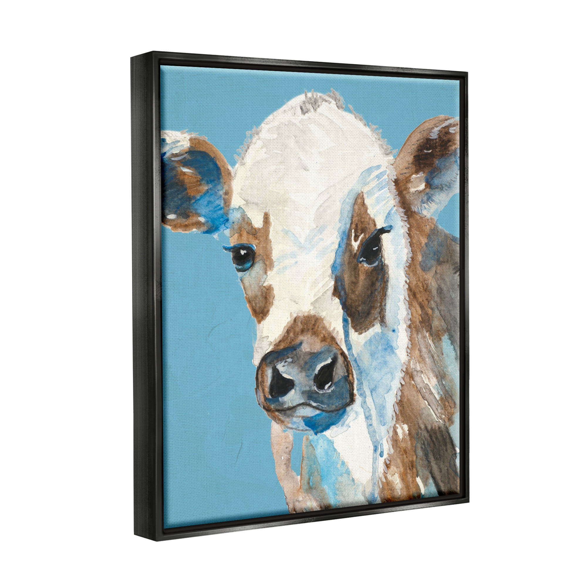 Stupell Industries Cow with Blue Background Animals & Insects Painting Black Floater Framed Art Print Wall Art, 17 x 21