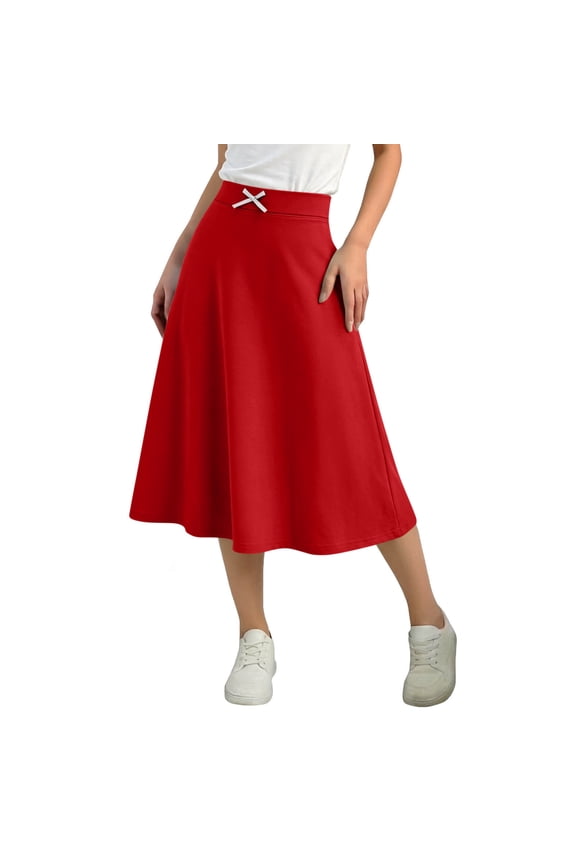 Tween Girls Pleated Midi Skirts Stretchy High Waisted Bow Tie A-Line Flare Skater Skirt Summer Solid Color Flowy Skirts 5-15 Years