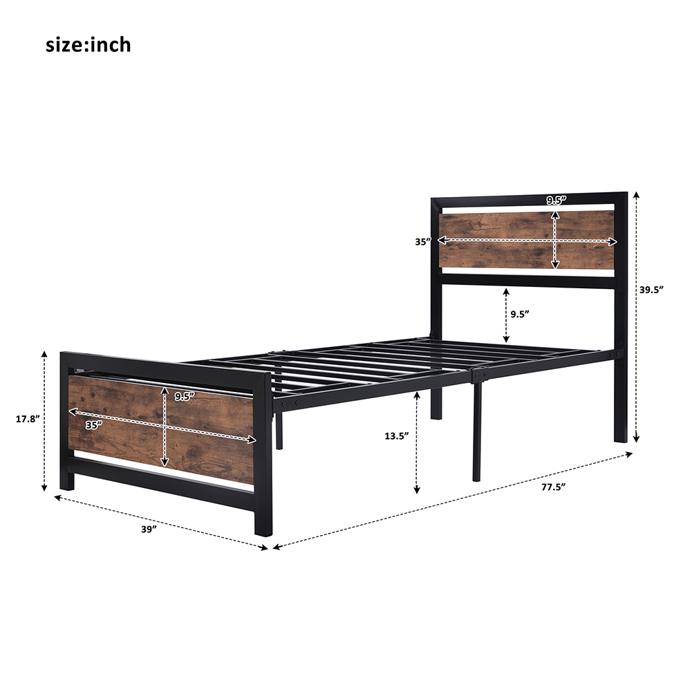 Kadyn Wood Bed Frame, Twin Size Platform Bed with Headboard and Footboard, Metal Bed Frame for Adults Kids, Black