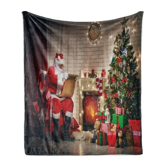 Santa Soft Flannel Fleece Throw Blanket, Old Santa Claus Sitting at Home at Christmas Night Reading a Letter near the Tree, Cozy Plush for Indoor and Outdoor Use, 50" x 60", Multicolor, by Ambesonne