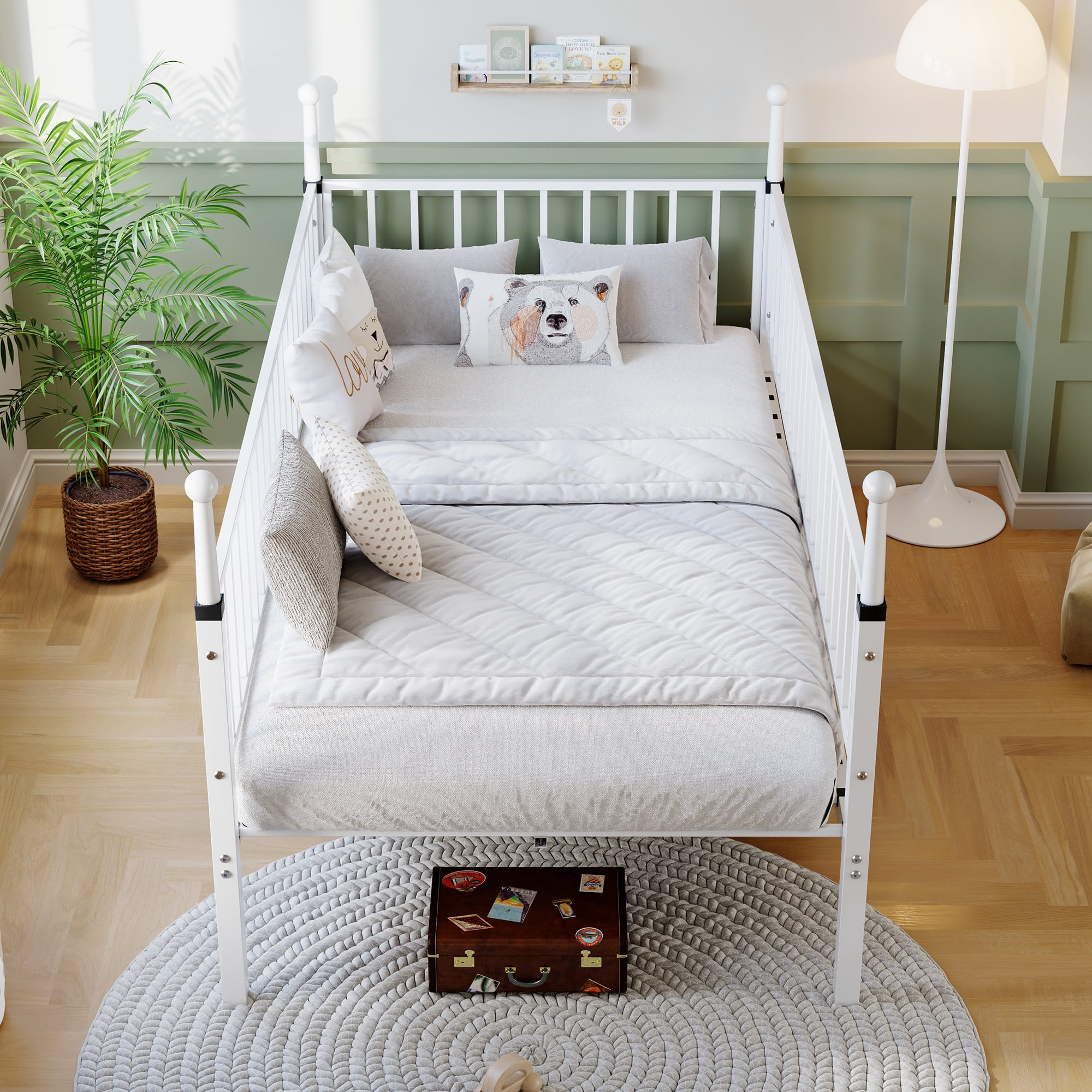 Leumius Twin Size Metal Bed Frame,Sturdy Durable Metal Bed Frame with Bed Posts,No Spring Mattress Required,White