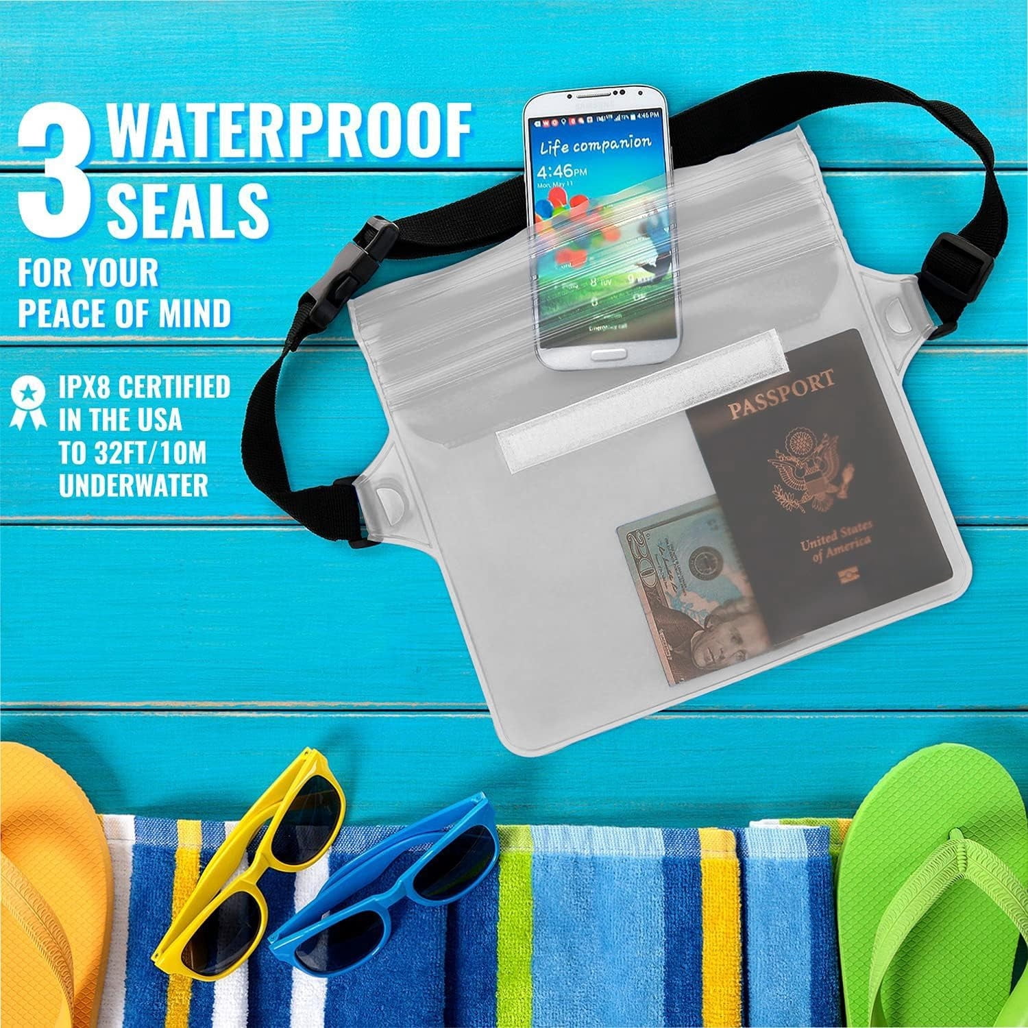Ron Waterproof Pouch with Waist Strap (2 Pack) | Beach Accessories Best Way to Keep Your Phone and Valuables Safe and Dry | Perfect for Boating Swimming Snorkeling Kayaking Beach Pool Water Park