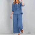 thumbnail image 2 of 3/4 Sleeve Embroidered Linen Set for Women, V-Neck Cotton Blend Top & Wide Leg Cropped Pants 2 Piece Outfit - Boho Summer Vacation Lounge Co-ord Set Blue XXL, 2 of 9