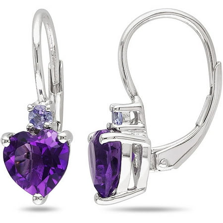 2-2/5 Carat T.G.W Amethyst and Tanzanite Sterling Silver Leverback Heart Earrings