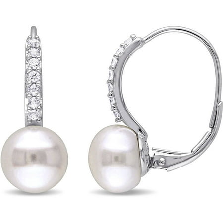 Miabella 8.5-9mm White Button Cultured Freshwater Pearl and 1/5 Carat T.G.W. White Sapphire 10kt White Gold Leverback Earrings