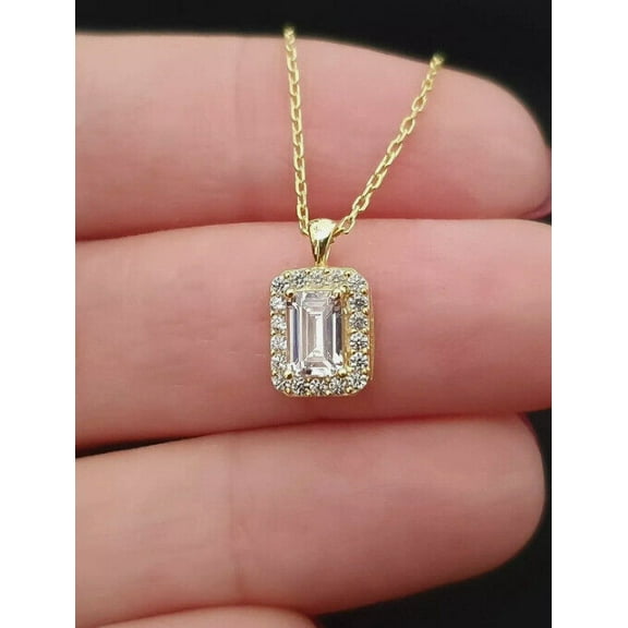 14K Yellow Gold Plated 2Ct Emerald Cut Lab Created Diamond Women Beauty Pendant Chain
