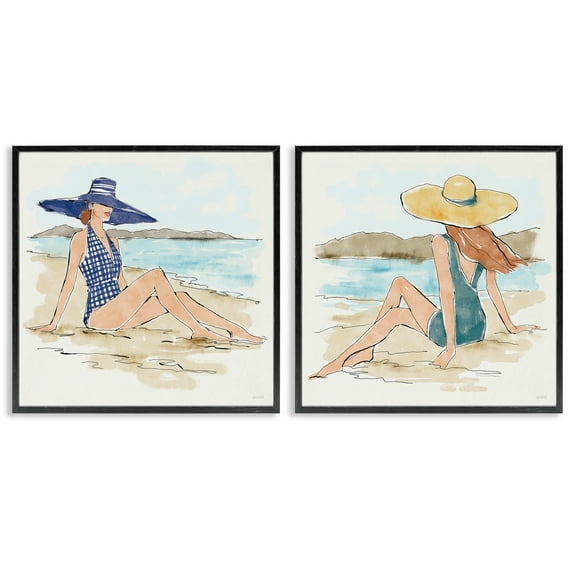 Stupell Industries Bathing Beauties on Beach People Painting Black Framed Art Print Wall Art, 12 x 12, Set of 2