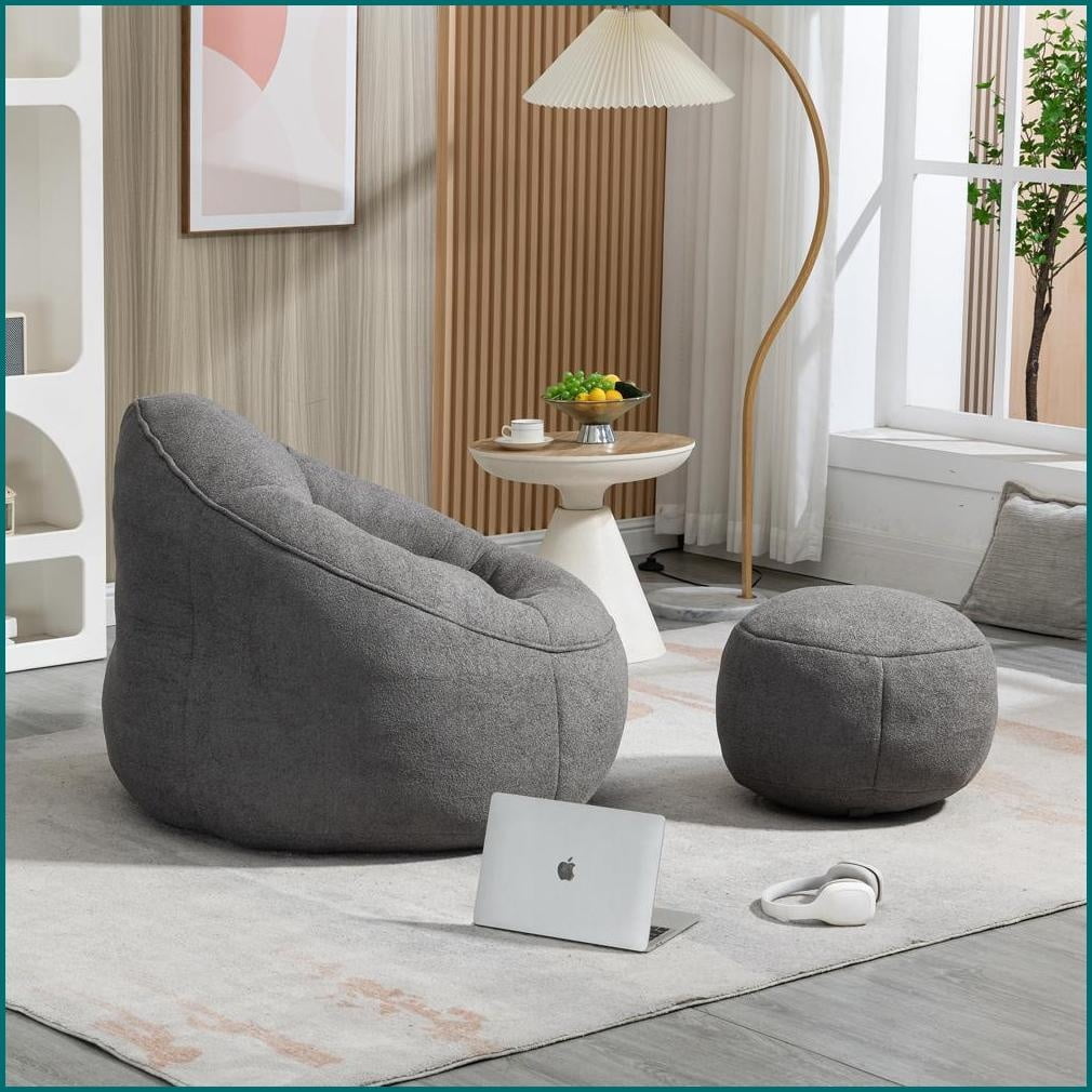 Adult Bean Bag Chair with Footrest – Soft Compressed Foam for Living Room & Bedroom | Gray | Microfiber