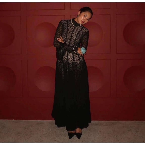 Lace Long Dress with Sheer Detailing (S, Black)