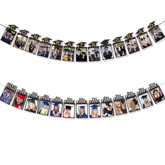 Graduation Photo Banner Set 2 Pack – Kindergarten to 12th Grade Picture Banner & 5x7 Inch Graduation Banner with Photo for Middle High School College Graduation Party Supplies, Black Cardstock