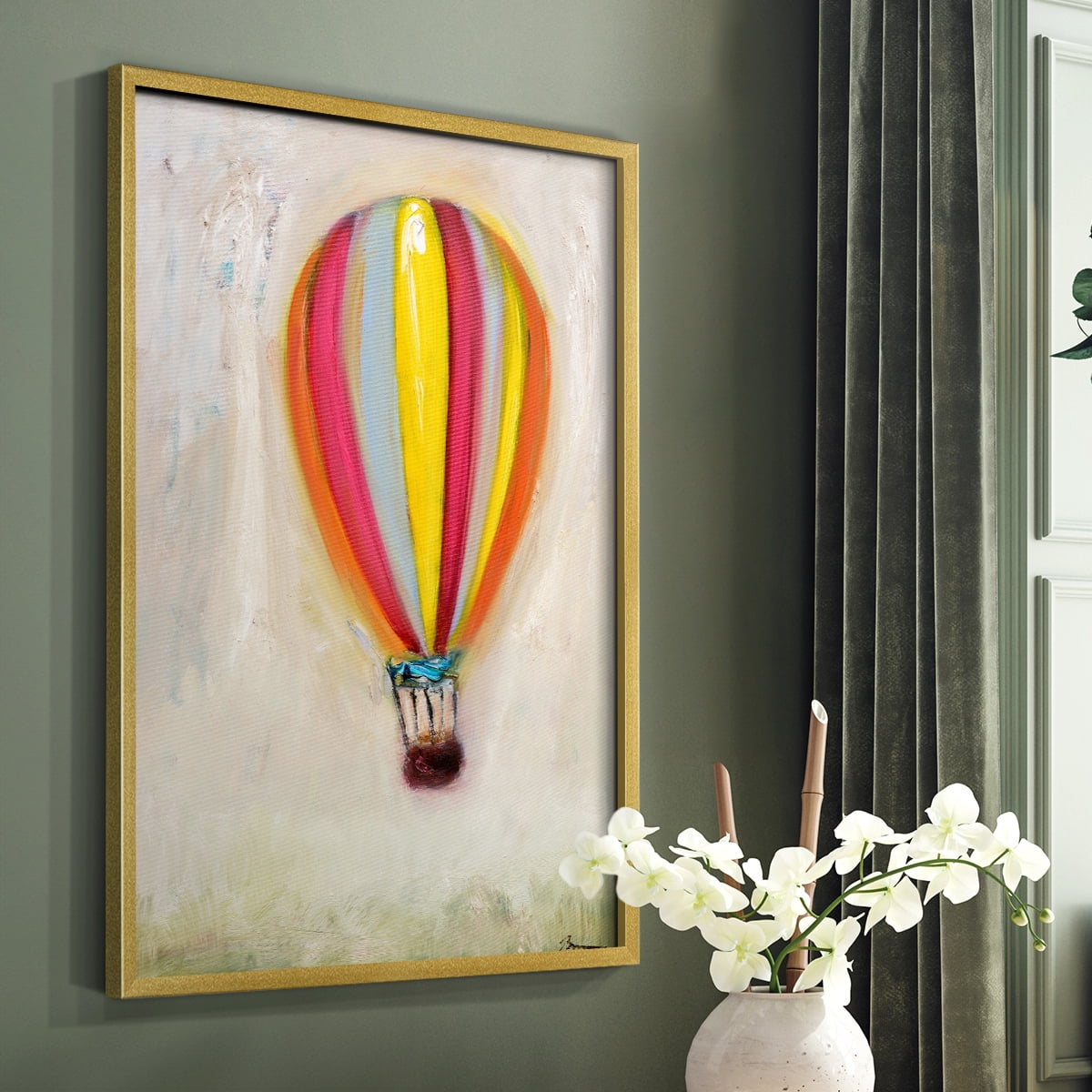 Lucky Hot Air Balloon Framed Print in Gold Solid Wood Framed Print No Nail Hanging