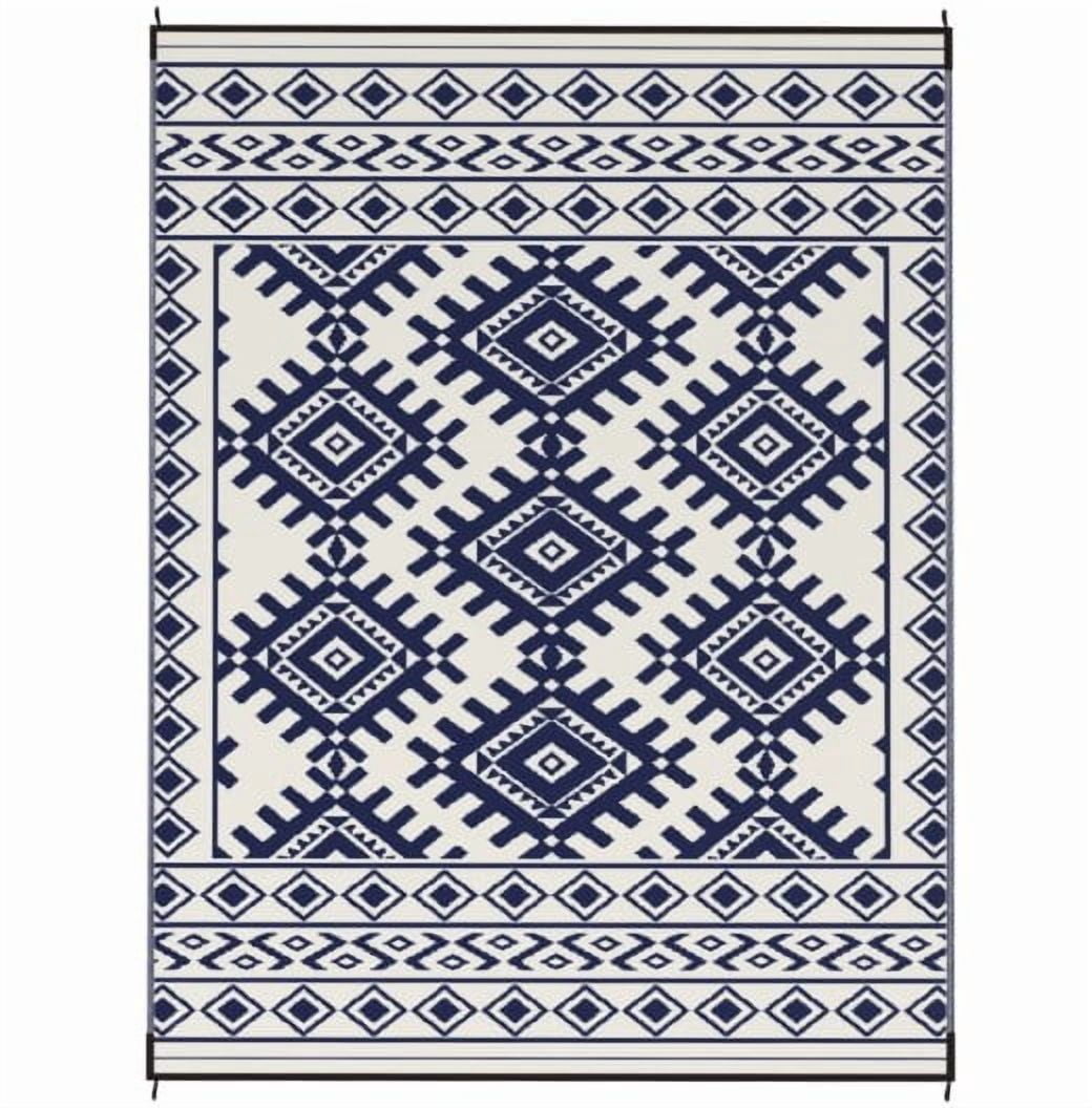 9' x 12' Blue & White Rhombus Border Reversible Outdoor Rug, Waterproof Patio Camping Carpet with Carry Bag, Foldable Portable RV Mat